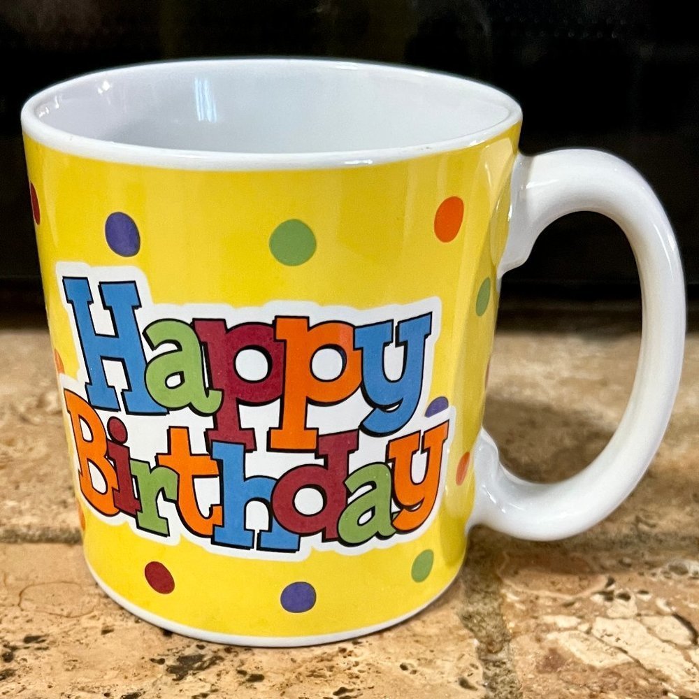 HAPPY Birthday Mug Ceramic Stoneware Yellow Red Blue Polka Dot